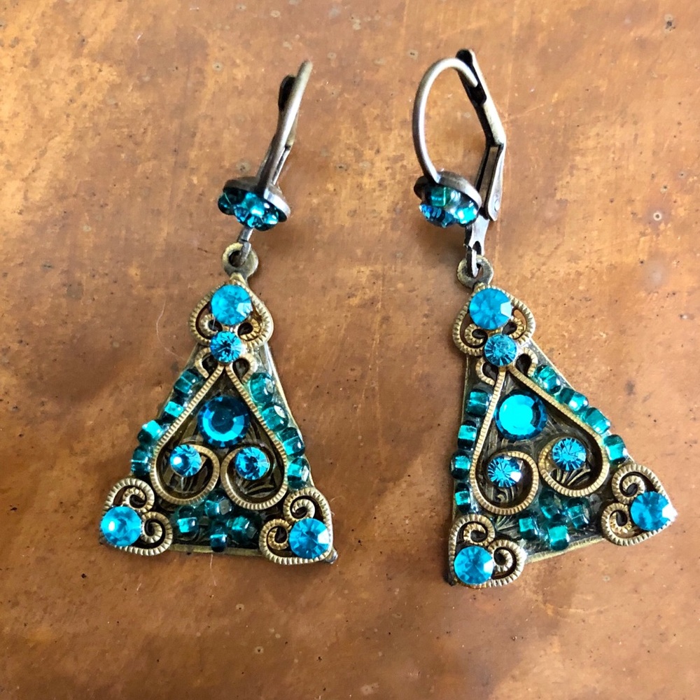 Teal Rhinestone Vintage Look Triangle Earrings